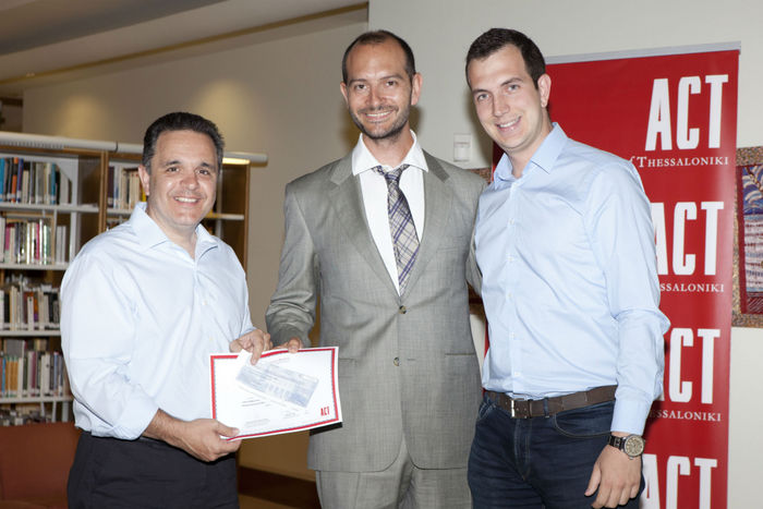 Dinos Hatziioannou, President and CEO "Hippokratis Group", judge and mentor of Business Plan Competition, with the winners Savas Savvakis and Vasilis Goutzamanis, members of the team “The S.A.R.M Project”