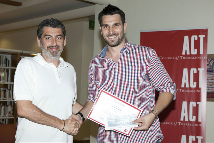 Dr. Nicholas Chourvouliadis, Director of Anatolia School of Business of ACT with Nikolaos Koutsoudis of e-troufa, one of the winners of the Business Competition «John and Mary Pappajohn Business Plan Awards»